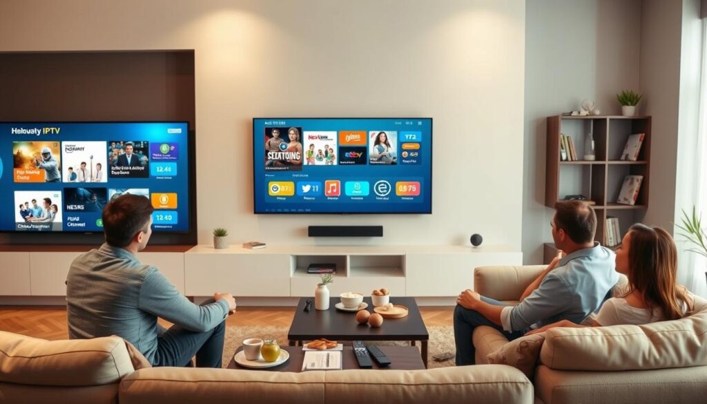 A modern living room scene showcasing a sleek, high-definition television displaying various IPTV features like channel options, on-demand movies, and user-friendly menus. In the foreground, a family of four—dressed in casual yet tidy clothing—sits on a contemporary sofa, engaged with the TV interface, exuding a sense of enjoyment and connection. In the middle ground, a coffee table is adorned with remote controls, snacks, and drinks, contributing to a cozy atmosphere. The background features shelves with books and plants, enhancing the homey decor. Soft, warm lighting illuminates the scene, giving it an inviting vibe. The composition should have a slight angle, creating depth while emphasizing the interaction with the IPTV setup. Include the brand logo "IPTVVUK.COM" subtly integrated into the visual elements, ensuring it blends seamlessly into the scene.