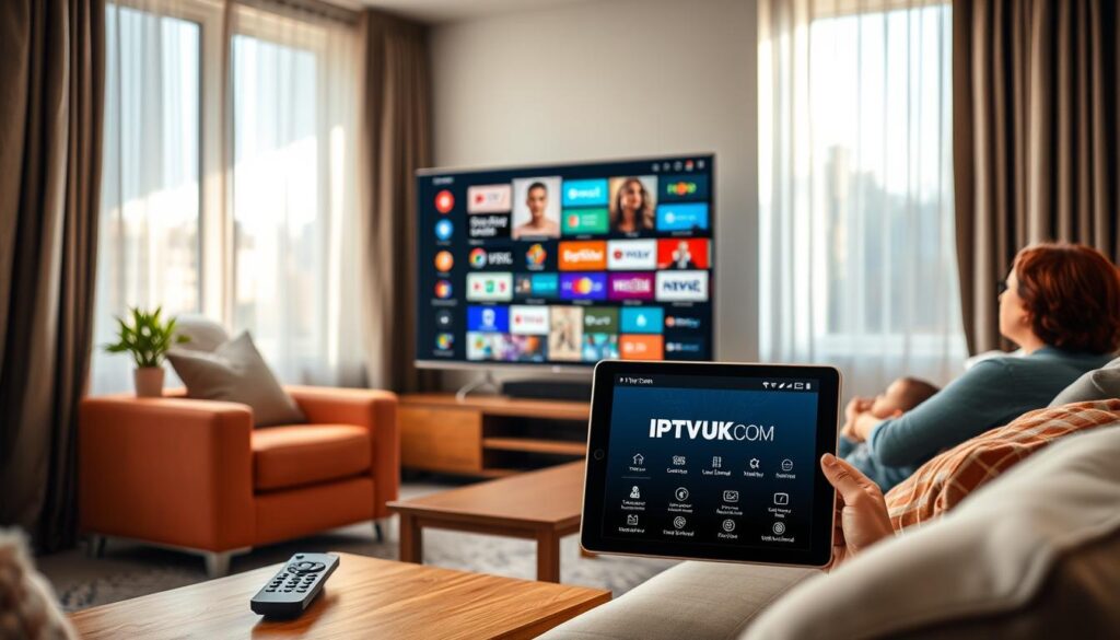 A modern living room scene showcasing the key features of IP Television (IPTV) in a vibrant, tech-savvy environment. In the foreground, a sleek flat-screen TV displays a dynamic IPTV interface filled with various channel options and on-demand content options. A comfortable couch is positioned invitingly, with a user-friendly remote control placed on a wooden coffee table. In the middle ground, a tablet showing IPTVVUK.COM highlights its interactive features, such as live streaming, video on demand, and multi-device support. The background features a window allowing natural sunlight to filter in, enhancing the warm atmosphere. This cozy yet sophisticated setting reflects a modern family enjoying their IPTV experience. Soft lighting creates an inviting mood, emphasizing the convenience and joy of using IPTV services.
