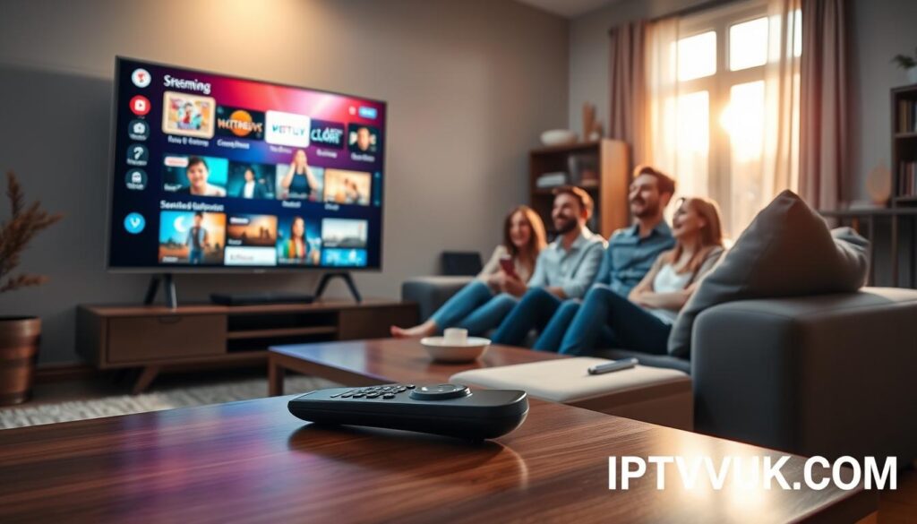 A modern living room scene with a large, high-definition television displaying a vibrant streaming interface, showcasing various channels and content options seamlessly. In the foreground, a sleek remote control rests on a stylish coffee table, faint reflections of the screen visible. The middle ground features a comfortable sofa with a family of four, dressed in casual yet professional attire, engaging together with smiles and excitement while watching their favorite show. Soft, warm ambient lighting creates a cozy atmosphere, with a hint of morning sunlight streaming in through a large window, illuminating the room and emphasizing the quality of the streaming experience. In the background, minimalist decor and a bookshelf add depth. Overlay the brand name "IPTVVUK.COM" subtly in the corner without any disruptions to the scene.