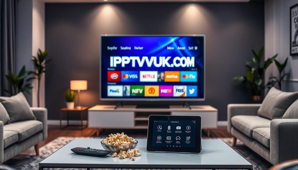 A modern living room setting as the foreground, featuring a sleek flat-screen television displaying the IPTVVUK.COM logo prominently while streaming a vibrant, colorful interface with various TV channels. In the middle ground, a stylish coffee table holds a remote control, some popcorn, and a tablet showcasing IPTV features like live streaming and on-demand content. The background reveals a cozy sofa with dim, ambient lighting to create a relaxed atmosphere, highlighting the ease of home entertainment. The room is well-decorated with modern furniture, plants, and artwork, framing a family-friendly environment. The overall mood conveys innovation and comfort, emphasizing the convenience of IPTV as a modern viewing solution.