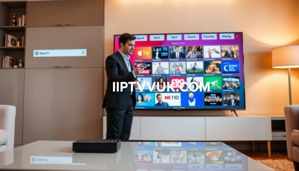 A modern living room setting, featuring a large flat-screen TV displaying IPTV content organized in a visually appealing interface, with options for search, sort, and favorites prominently showcased. In the foreground, a sleek coffee table holds a remote control and a streaming device. The middle ground displays a person in professional business attire, thoughtfully interacting with the content on the TV using a remote, portraying engagement and ease of use. The background includes subtle decor, enhancing a cozy yet tech-savvy atmosphere. Soft, warm lighting illuminates the scene, creating an inviting ambiance. The brand name "IPTVVUK.COM" subtly integrated within the screen’s UI design, maintaining focus on the content organization features.
