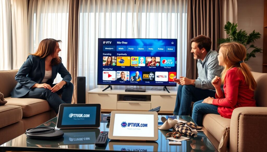 A modern living room setting featuring a sleek flat-screen TV displaying budget-friendly IPTV options. In the foreground, a family of four—parents in professional business attire and children in modest casual clothing—are excitedly discussing the screen content together. The middle ground shows a stylish coffee table cluttered with devices, like a remote control and a tablet with the IPTVVUK.COM logo displayed prominently. In the background, light filters through sheer curtains, creating a warm and inviting atmosphere. The lighting is soft but ample, suggesting a cozy evening at home. The angle captures the engaging family dynamic while keeping the focus on the TV and the IPTV options showcased.