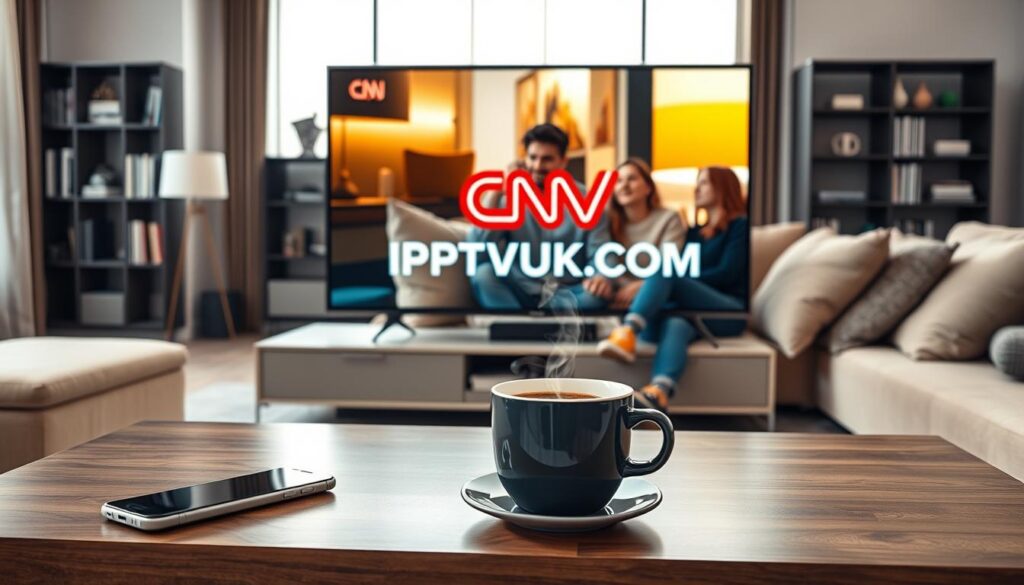 A modern living room setting featuring a sleek smart TV displaying the IPTVVUK.COM logo, emphasizing IPTV streaming. In the foreground, a stylish coffee table with a smartphone and a remote control lays beside a steaming cup of coffee, representing the ease of streaming. In the middle, a comfortable couch is adorned with plush pillows, where a family of three, dressed in casual but neat clothing, watches intently, absorbed in the live CNN broadcast. The background showcases a stylish bookshelf and a large window with soft, natural light filtering in, creating a warm and inviting atmosphere. Capture the scene from a slightly elevated angle to enhance depth. The overall mood is dynamic yet relaxed, highlighting the convenience and enjoyment of streaming news live without cable TV.