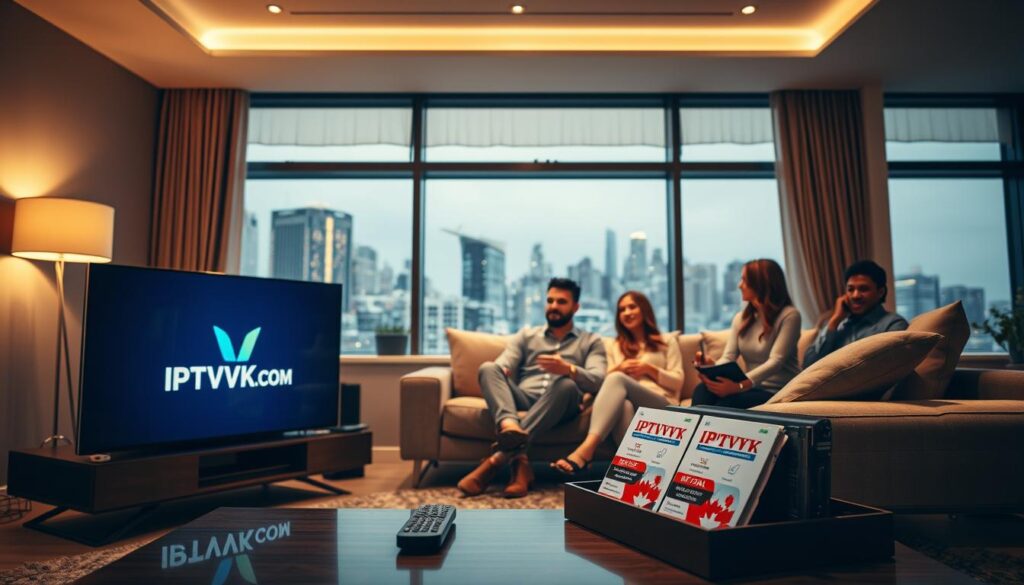 A modern living room setting illuminated by soft, warm lighting, showcasing a sleek flat-screen TV displaying the logo of IPTVVUK.COM. In the foreground, a stylish coffee table is adorned with subscriptions for various IPTV services in Canada, positioned next to a remote control. The middle layer features a diverse group of three people, a man and two women, casually dressed in professional attire, sitting comfortably on a plush sofa, engaged in an animated discussion about their favorite IPTV packages. In the background, large windows reveal a cityscape of a Canadian city, hinting at the growing availability and popularity of IPTV services. The atmosphere is inviting and lively, reflecting the excitement of discovering new entertainment options. Use a wide-angle lens and a slightly elevated angle to capture a sense of depth and engagement in the scene.