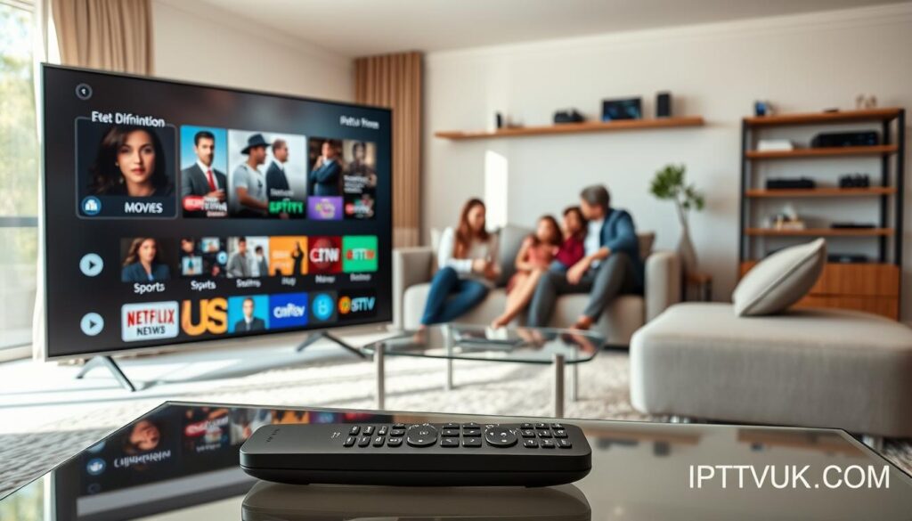 A modern living room setting showcasing IPTV service features. In the foreground, a stylish, high-definition television displays various IPTV interface screens, including categories like movies, sports, and news. A sleek remote control sits neatly on a glass coffee table, emphasizing user-friendly navigation. In the middle ground, a family is gathered on a comfortable couch, dressed in casual yet professional clothing, attentively exploring the IPTV options. Soft, natural lighting filters through a window, creating a warm and inviting atmosphere. The background features minimalist decor, with a shelf displaying streaming devices and smart home gadgets. The overall scene conveys a sense of convenience and modern living, reflecting the versatility of IPTV services, branded subtly as "IPTVVUK.COM".