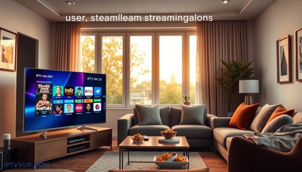 A modern living room setting showcasing IPTV streaming quality. In the foreground, a sleek TV displaying a vibrant, high-definition streaming interface with a variety of colorful thumbnails. The middle layer includes a comfortable sofa with a few neatly arranged throw pillows and a stylish coffee table with snacks and a remote control. In the background, large windows let in warm, natural light, enhancing the cozy atmosphere. The walls are decorated with framed art, conveying a touch of sophistication. The scene suggests a user-friendly experience, highlighting the performance and clarity of IPTV services. Include the brand name "IPTVVUK.COM" subtly integrated into the decor, like on a decorative item. The overall mood is relaxed and inviting, symbolizing the joy of seamless streaming.