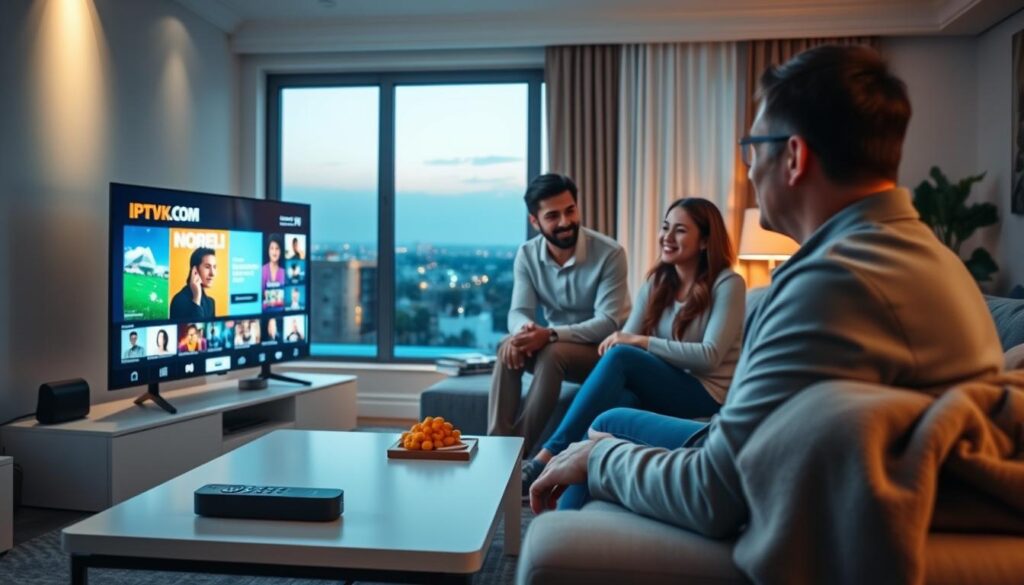 A modern living room setting showcasing IPTV streaming. In the foreground, a sleek smart TV displays vibrant streaming content. A contemporary coffee table with a remote control and snacks sits in front of a comfortable sofa with a stylish throw. In the middle ground, a couple of adults, dressed in casual yet professional attire, engage with the TV, smiling, and discussing shows. Soft, inviting lighting bathes the room, creating a warm atmosphere. In the background, a window reveals a serene evening scene, with soft twilight. Subtle tech elements like a streaming device and soundbar are placed neatly near the TV. The brand "IPTVVUK.COM" is subtly incorporated into the decor, enhancing the professional yet relaxed vibe of the space.