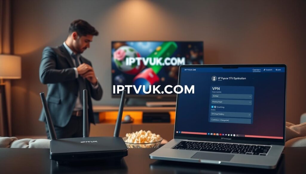 A modern living room setting, showcasing a sleek TV displaying an IPTV interface. In the foreground, a stylish, professional individual in business casual attire is adjusting a wireless router, symbolizing the VPN setup. Beside them, an open laptop shows a VPN configuration screen, with clear, colorful graphics indicating security and connectivity. In the middle, a comfortable sofa with streaming devices and a bowl of popcorn creates a casual yet tech-savvy atmosphere. The background features dim lighting with warm tones, highlighting the immersive streaming experience. The brand name "IPTVVUK.COM" subtly displayed on the TV screen ties it all together, promoting a sense of innovation and security in streaming. The overall mood is both inviting and professional, perfect for illustrating technical setup in IPTV streaming.