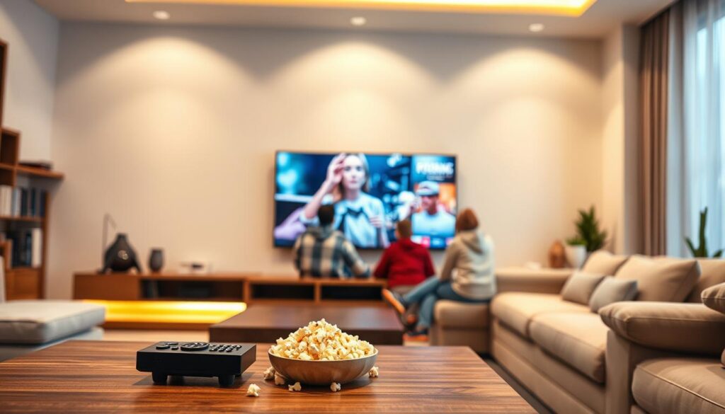 A modern living room setting showcasing a sleek TV mounted on the wall, displaying high-quality IPTV streaming content. In the foreground, a stylish coffee table features a remote control and a bowl of popcorn, emphasizing the home entertainment experience. In the middle ground, a family sitting on a comfortable couch, dressed in cozy, casual clothes, enjoying the streaming service. Soft, warm lighting creates an inviting atmosphere, highlighting the vivid colors of the screen. The background includes a tasteful bookshelf and decorative plants, enhancing the cozy vibe. Subtle reflections on the TV screen suggest dynamic, crystal-clear content, illustrating the excellence of "IPTVVUK.COM" services. The overall mood is relaxed and engaging, perfect for family viewing.