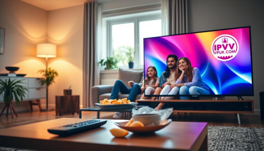 A modern living room setting showcasing a sleek smart TV displaying vibrant IPTV streaming content. In the foreground, a stylish coffee table with a remote control and snacks, indicating a casual viewing experience. The middle ground features a comfortable sofa with a family seated, smiling and enjoying their show, dressed in casual but modest attire. The background shows a window with warm natural light pouring in, creating an inviting atmosphere. The overall mood is cozy and engaging, emphasizing the excitement of high-quality streaming. Include elements like a visible logo for "IPTVVUK.COM" on the TV screen, illustrating the brand's connection to the IPTV experience. Capture the essence of enjoying top IPTV features, highlighting clarity and engagement in streaming quality.