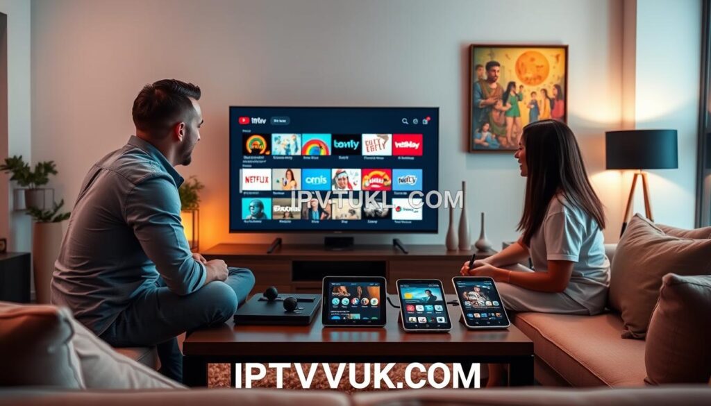 A modern living room setting showcasing a sleek television displaying various streaming options. In the foreground, a diverse group of three adults—one Caucasian male, one Hispanic female, and one Black female—are engaged in watching content, all dressed in smart casual clothing. The atmosphere is vibrant and lively, with soft, ambient lighting creating a warm and inviting feel. In the middle, there is a stylish coffee table with tablets and smartphones displaying icons of popular streaming services, symbolizing global content access. In the background, a stylishly decorated wall features artwork that represents different cultures, enhancing the theme of worldwide connectivity. Include the brand name "IPTVVUK.COM" subtly integrated into the setting. The image should convey the benefits of IPTV, such as flexibility and diverse content, while emphasizing comfort and modern technology. A modern living room setting showcasing a sleek television displaying various streaming options. In the foreground, a diverse group of three adults—one Caucasian male, one Hispanic female, and one Black female—are engaged in watching content, all dressed in smart casual clothing. The atmosphere is vibrant and lively, with soft, ambient lighting creating a warm and inviting feel. In the middle, there is a stylish coffee table with tablets and smartphones displaying icons of popular streaming services, symbolizing global content access. In the background, a stylishly decorated wall features artwork that represents different cultures, enhancing the theme of worldwide connectivity. Include the brand name "IPTVVUK.COM" subtly integrated into the setting. The image should convey the benefits of IPTV, such as flexibility and diverse content, while emphasizing comfort and modern technology.