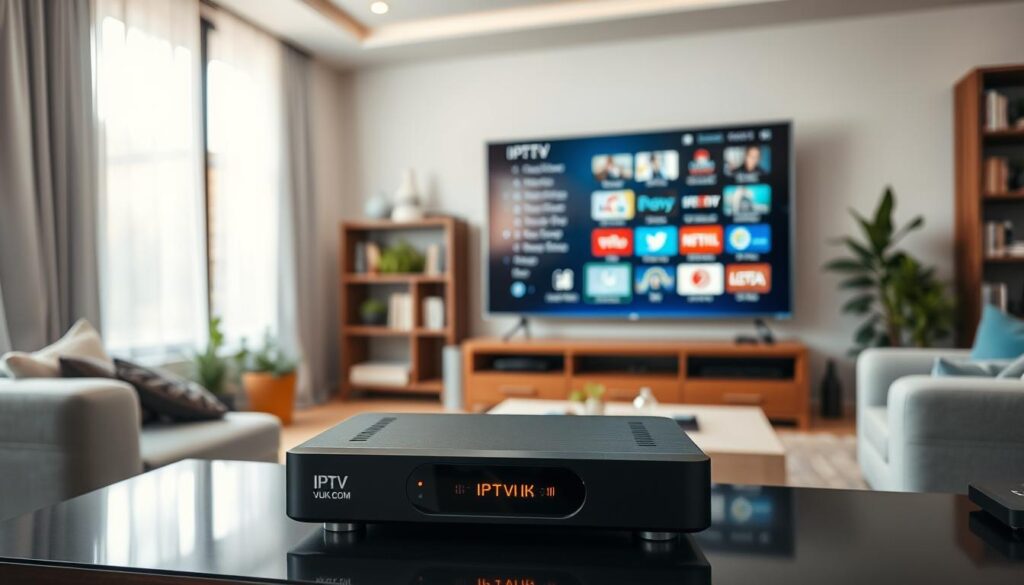 A modern living room setting showcasing an IPTV device prominently on a sleek entertainment center. In the foreground, the IPTV device should be visibly branded "IPTVVUK.COM," with brightly lit indicators suggesting an active connection. In the middle ground, a high-resolution flat-screen TV displays the IPTV interface with vibrant icons for channel selection. The room is adorned with stylish decor, including plants and bookshelves, creating a warm and inviting atmosphere. In the background, large windows allow soft, natural light to fill the space, casting gentle reflections on the TV screen. The scene should evoke a sense of comfort and technology integration, reflecting the importance of choosing the right IPTV reseller service. The image should be captured at eye level, emphasizing clarity and inviting viewers into the space.