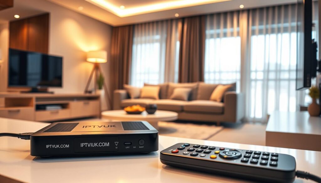 A modern living room setting showcasing an IPTV device setup. In the foreground, a sleek IPTV box labeled "IPTVVUK.COM" is connected to a flat-screen television via high-definition cables. A remote control rests next to the device, highlighting ease of use. In the middle ground, an inviting couch with contemporary design features cushions and a small coffee table with snacks, creating a relaxed viewing environment. The background displays a warm, ambient light filtering through sheer curtains, giving a cozy atmosphere. The scene is captured at a slightly elevated angle, enhancing the viewer's perspective. Emphasize a professional yet casual mood, perfect for family entertainment. No humans are present, ensuring a clean focus on the setup. A modern living room setting showcasing an IPTV device setup. In the foreground, a sleek IPTV box labeled "IPTVVUK.COM" is connected to a flat-screen television via high-definition cables. A remote control rests next to the device, highlighting ease of use. In the middle ground, an inviting couch with contemporary design features cushions and a small coffee table with snacks, creating a relaxed viewing environment. The background displays a warm, ambient light filtering through sheer curtains, giving a cozy atmosphere. The scene is captured at a slightly elevated angle, enhancing the viewer's perspective. Emphasize a professional yet casual mood, perfect for family entertainment. No humans are present, ensuring a clean focus on the setup.