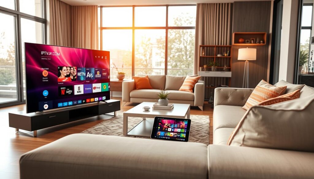 A modern living room setting showcasing the benefits of IP IPTV accessibility across multiple devices. In the foreground, a sleek smart TV displays a vibrant streaming interface with popular channels, while nearby, a tablet and smartphone show the same content, indicating seamless multi-device interaction. The middle ground features a comfortable sofa and coffee table, creating a cozy atmosphere for family viewing. In the background, large windows allow natural light to flood the room, highlighting the modern decor and technology. Use a warm, inviting color palette to convey a sense of comfort and innovation. The scene should reflect a professional and sophisticated atmosphere. Include subtle branding for "IPTVVUK.COM" on the smart TV screen. The image should have soft, even lighting with a slightly elevated camera angle for a comprehensive view.