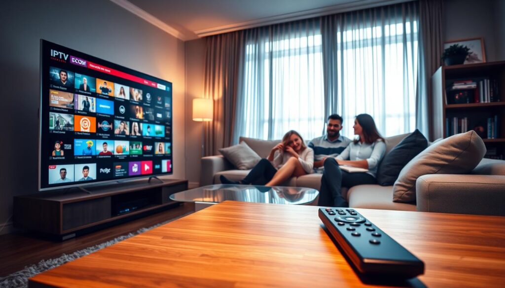 A modern living room setting showcasing the concept of IPTV streaming quality. In the foreground, a sleek flat-screen TV displays high-definition, vibrant visuals of various channels. A stylish coffee table holds a remote with the logo "IPTVVUK.COM" subtly featured on it. The middle ground features a comfortable sofa with a family gathered, intently watching the screen, dressed in casual yet professional attire. Soft lighting creates a warm and inviting atmosphere, with sun rays filtering through sheer curtains, highlighting the joy of family streaming together. In the background, a subtle hint of a bookshelf filled with entertainment-related items adds depth. The overall mood feels relaxed and family-oriented, emphasizing the engaging features of IPTV services in Quebec, ensuring a visually appealing composition.