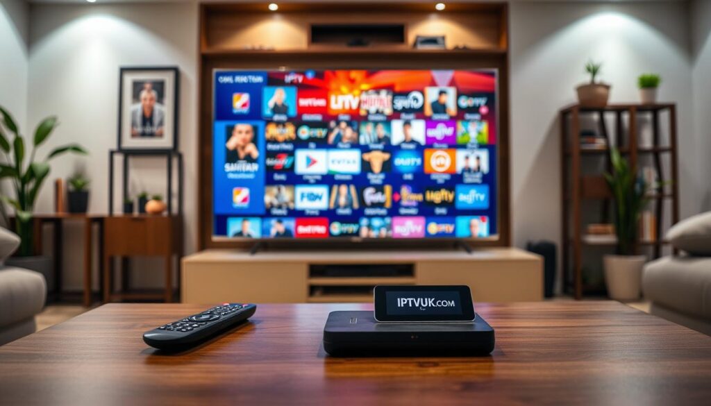 A modern living room setting showcasing various IPTV channels on a sleek flat-screen TV. In the foreground, a stylish coffee table holds a remote control and a device displaying the IPTVVUK.COM logo. The middle ground highlights the TV screen, vibrant with colorful thumbnails of various IPTV channels, including movies, sports, and documentaries. In the background, soft ambient lighting creates a cozy atmosphere, with tasteful decor (like plants and bookshelves), emphasizing comfort and a relaxed viewing environment. The scene captures an inviting mood, illustrating the convenience and variety of IPTV services over traditional cable. Use a slightly angled perspective to add depth, focusing on the richness of colors and the technology involved, highlighting the modernity of IPTV.