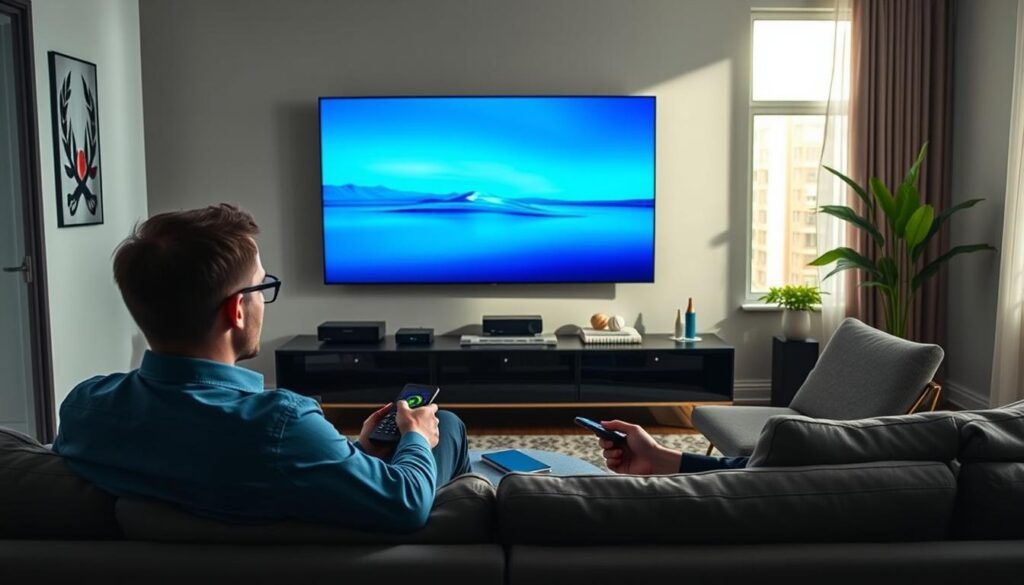A modern living room setting with a large flat-screen TV displaying a serene blue interface representing IPTV service stability. In the foreground, a person in business casual attire is seated comfortably on a stylish couch, focused on the TV screen while holding a remote control, symbolizing user engagement. In the middle ground, a sleek media console is adorned with streaming devices and vibrant decor, evoking a sense of reliability and modern technology. In the background, soft, natural lighting filters through a window, casting a warm glow, enhancing the inviting atmosphere. The overall mood is one of calm assurance, reflecting the dependable nature of IPTV services. Subtle accents of tech gadgets and a muted color palette evoke professionalism and sophistication. Brand name "IPTVVUK.COM" is subtly reflected in the TV interface design.