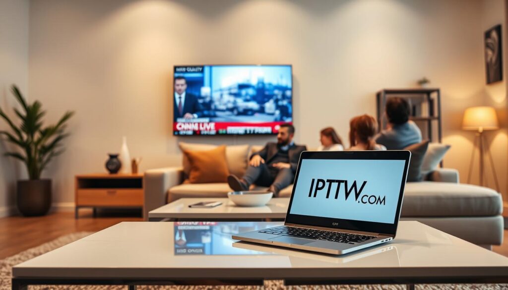 A modern living room setting with a sleek television displaying a high-quality CNN news broadcast, depicting a news anchor reporting live. In the foreground, an elegant coffee table holds a laptop displaying IPTVVUK.COM, highlighting IPTV streaming services. The middle ground features a cozy sofa with a family watching attentively, dressed in professional casual attire, exuding a sense of engagement and reliability. The background should show soft ambient lighting that creates a warm and inviting atmosphere, with subtle decorative elements like a plant and bookshelves. Use a low-angle shot to emphasize the quality of the streaming and the immersive viewing experience. Aim for a polished, lit environment that conveys the reliability and clarity of IPTV streaming.