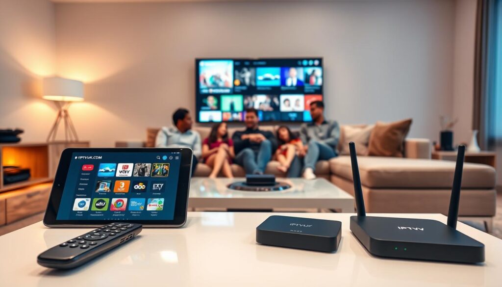 A modern living room setup featuring a stylish, flat-screen TV displaying various streaming options for IPTV services. In the foreground, a sleek coffee table holds a remote control and a tablet showcasing the IPTVVUK.COM logo. In the middle ground, a family of diverse individuals is seated comfortably on a sectional couch, engaging with the IPTV service, dressed in smart-casual attire. The background features a well-lit room with soft, ambient lighting that creates a warm and inviting atmosphere. Smart devices like a streaming box and a router are subtly integrated into the scene. The angle is slightly from above, capturing both the engaged family and the vibrant screen while emphasizing the technology involved in IPTV services. The focus is on a legal and responsible use of IPTV, highlighting the features and compliance aspects.