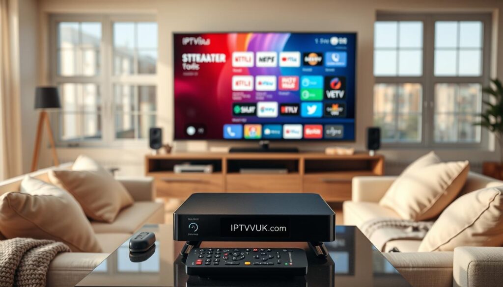 A modern living room setup featuring an IPTV player, showcasing an ultra-high-definition television screen displaying a colorful IPTV interface. In the foreground, a sleek IPTV device labeled "IPTVVUK.COM" rests on a stylish entertainment unit. Surrounding it are remote controls, a streaming device, and a few popular streaming service logos subtly depicted on the screen. The middle ground includes a comfortable sofa with light-colored cushions, complemented by a cozy throw blanket. In the background, large windows allow soft, natural light to flood the space, creating an inviting atmosphere. Use a warm color palette to enhance relaxation while keeping the focus on the IPTV setup. The image should be framed slightly from above, conveying an expert, organized look without any text or distractions. A modern living room setup featuring an IPTV player, showcasing an ultra-high-definition television screen displaying a colorful IPTV interface. In the foreground, a sleek IPTV device labeled "IPTVVUK.COM" rests on a stylish entertainment unit. Surrounding it are remote controls, a streaming device, and a few popular streaming service logos subtly depicted on the screen. The middle ground includes a comfortable sofa with light-colored cushions, complemented by a cozy throw blanket. In the background, large windows allow soft, natural light to flood the space, creating an inviting atmosphere. Use a warm color palette to enhance relaxation while keeping the focus on the IPTV setup. The image should be framed slightly from above, conveying an expert, organized look without any text or distractions.