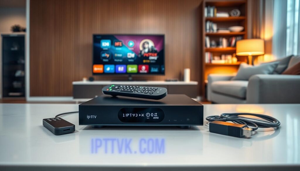 A modern living room setup showcasing IPTV devices, centered around a sleek, contemporary entertainment unit. In the foreground, a high-tech IPTV box with glowing indicators and remote control, surrounded by a smart television displaying various streaming icons. The middle ground features visually appealing gadgets like a streaming stick and connection cables neatly arranged. The background includes a cozy sofa and a stylish bookshelf, bathed in warm ambient lighting from a nearby lamp, creating a welcoming atmosphere for tech enthusiasts. The scene is captured from a slightly elevated angle, providing a comprehensive view of the IPTV setup. The overall mood is inviting and modern, highlighting the convenience and sophistication of IPTV technology. Include the brand name "IPTVVUK.COM" subtly integrated into the scene, ensuring a polished, professional look.