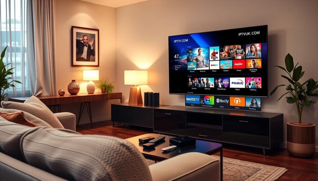 A modern living room setup showcasing IPTV streaming quality. In the foreground, a sleek smart TV displaying vibrant, high-definition images of popular channels, with a clear demonstration of streaming quality and detail. A comfortable couch with a cozy throw is arranged around the TV, and a coffee table holds a remote and a few streaming devices. The middle layer features soft, ambient lighting from stylish lamps, creating a relaxing atmosphere perfect for movie nights. In the background, elegant decor including artwork and houseplants adds a touch of sophistication. The scene is captured from a slightly elevated angle, emphasizing the clarity of the screen and the inviting feel of the room. The image incorporates the brand name "IPTVVUK.COM" subtly within the context of the décor, reflecting a premium streaming experience.