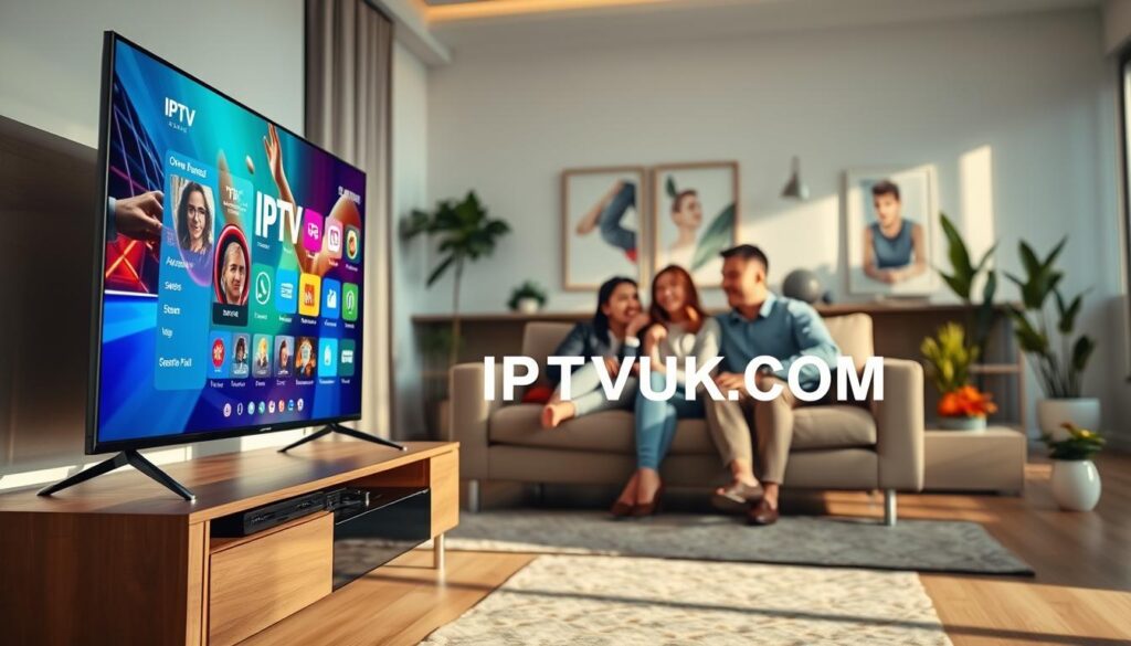 A modern living room setup showcasing IPTV technology. In the foreground, a sleek TV displaying an IPTV interface with vibrant, engaging graphics. A stylish, minimalistic entertainment unit holds streaming devices and a remote control. In the middle, a family sitting on a comfortable couch, dressed in professional casual attire, is happily interacting with the television, highlighting ease of use. The background features a well-lit space with soft natural sunlight streaming through large windows, creating a warm, inviting atmosphere. Decorative elements such as indoor plants and contemporary artwork add depth to the scene. Include the brand name "IPTVVUK.COM" subtly integrated into the entertainment unit. The shot should be taken from a slight angle to create a dynamic perspective, using a medium depth of field to focus on the IPTV setup.
