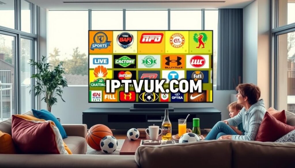A modern living room setup showcasing a large flat-screen TV displaying vibrant logos of various sports channels, symbolizing sports-focused IPTV options. In the foreground, a cozy couch with colorful cushions, inviting viewers to relax while watching sports. In the middle, a coffee table with sports memorabilia, like a basketball and a soccer ball, along with snacks and drinks, creating a lively atmosphere. In the background, soft ambient lighting enhances the room's warmth, while large windows reveal a bright day outside, suggesting excitement for live sports events. The scene is professional, depicting a family enjoying a game together, dressed in casual but tidy clothing, exuding a sense of camaraderie and enthusiasm. Incorporate the brand name "IPTVVUK.COM" subtly within the sports channel logos.