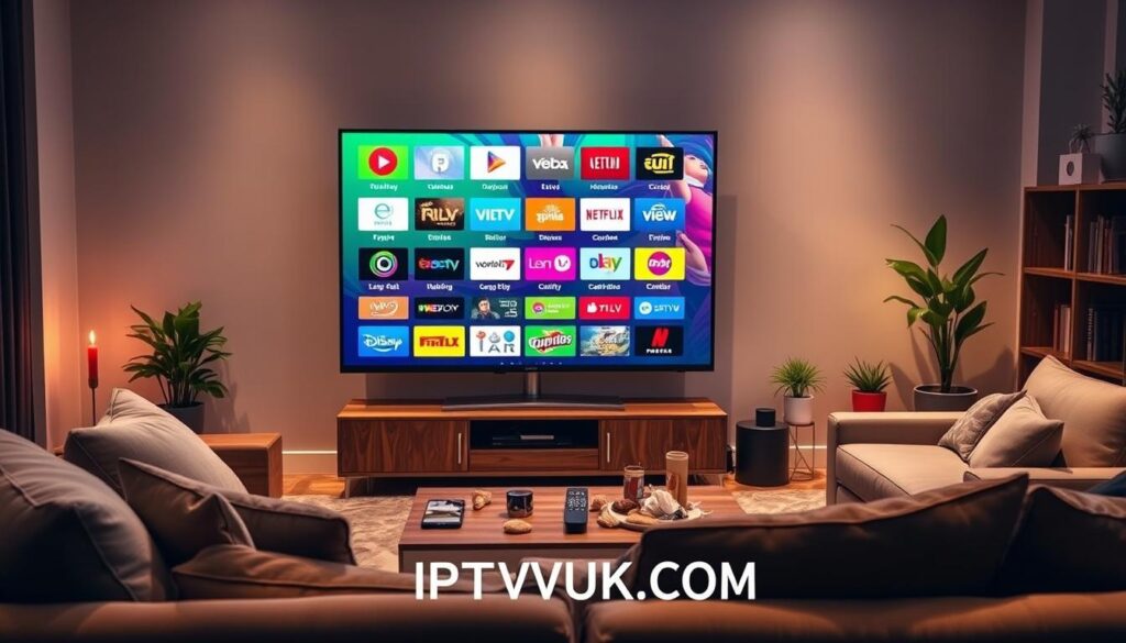 A modern living room setup showcasing a large flat-screen television displaying a vibrant IPTV interface filled with a variety of colorful channel icons. In the foreground, a cozy sofa with plush cushions and a wooden coffee table cluttered with snacks and a remote control. The middle ground features the TV with crystal-clear streaming quality, and a minimalist entertainment unit. The background is tastefully decorated with potted plants and a stylish bookshelf, creating a welcoming atmosphere. Soft, warm lighting adds a relaxed ambiance. The scene conveys the transition from traditional cable to modern IPTV streaming, emphasizing convenience and variety. Incorporate the brand name "IPTVVUK.COM" subtly within the design elements.