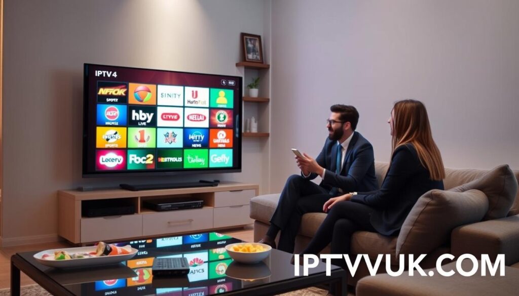 A modern living room setup showcasing a sleek digital television displaying vibrant IPTV live channel logos representing various genres, such as sports, movies, and news. In the foreground, a stylish coffee table holds a remote control and snacks. The middle layer features a comfortable sofa where two individuals, dressed in professional attire, are engaged in lively discussion while interacting with the TV. The background displays a wall with shelves housing decorative items and a few books, with soft ambient lighting creating a cozy atmosphere. The image captures the convenience and variety of IPTV services, conveying a sense of modern technology and home entertainment. Include the brand name "IPTVVUK.COM" subtly integrated into the scene, enhancing the overall composition without overpowering it.