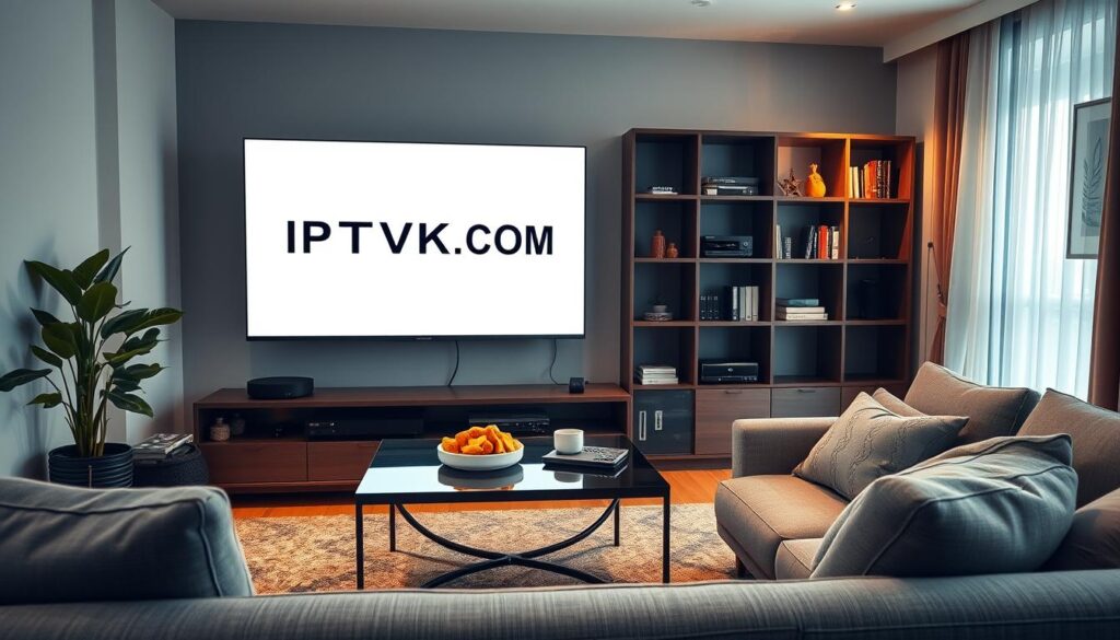 A modern living room setup showcasing a sleek television displaying IPTVVUK.COM on the screen. In the foreground, a cozy sofa with a polished coffee table, adorned with a remote control and snacks. To the left, a potted plant adds a touch of greenery, while on the right, a window with sheer curtains allows soft natural light to filter in, creating a bright and inviting atmosphere. In the middle ground, a contemporary bookshelf filled with media devices and books subtly hints at entertainment options. The background features a tastefully decorated wall with framed art. The overall mood is relaxed and engaging, emphasizing the convenience of IPTV services in a legal context. Use warm, inviting lighting to accentuate the homely feel, shot from a slightly angled perspective to add depth. A modern living room setup showcasing a sleek television displaying IPTVVUK.COM on the screen. In the foreground, a cozy sofa with a polished coffee table, adorned with a remote control and snacks. To the left, a potted plant adds a touch of greenery, while on the right, a window with sheer curtains allows soft natural light to filter in, creating a bright and inviting atmosphere. In the middle ground, a contemporary bookshelf filled with media devices and books subtly hints at entertainment options. The background features a tastefully decorated wall with framed art. The overall mood is relaxed and engaging, emphasizing the convenience of IPTV services in a legal context. Use warm, inviting lighting to accentuate the homely feel, shot from a slightly angled perspective to add depth.