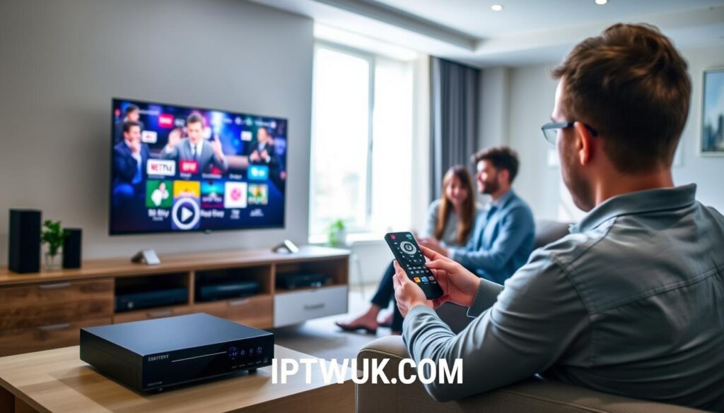 A modern living room setup showcasing an IPTV installation in Quebec. In the foreground, a sleek flat-screen TV displays vibrant streaming content, surrounded by a stylish entertainment unit filled with IPTV equipment like a receiver and remote. The middle ground features a comfortable sofa with a couple of people dressed in smart casual clothing, examining the IPTV remote with focused interest. The background includes a window with natural light streaming in, casting a warm glow throughout the room. The atmosphere is inviting and tech-savvy, emphasizing ease of installation and user-friendliness. Include subtle branding elements for "IPTVVUK.COM" within the scene, ensuring it blends naturally with the setting. Use soft, diffused lighting to enhance the cozy mood.