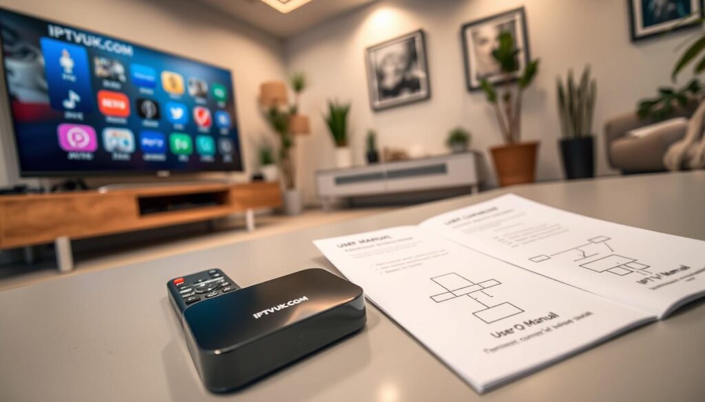 A modern living room setup showcasing an IPTV service installation guide. In the foreground, a sleek, high-definition television displays various streaming icons, emphasizing the accessibility of IPTV services. To the side, a user-friendly remote control lies next to an elegant streaming device, with the logo "IPTVVUK.COM" clearly visible. In the middle ground, a well-organized coffee table presents a user manual with diagrams illustrating connection methods and settings. The background features soft, ambient lighting, creating a cozy atmosphere, while the room is tastefully decorated with plants and artwork. The camera angle is slightly angled downwards, capturing the details while providing an engaging perspective. The overall mood is informative and inviting, making it ideal for a setup guide illustration.