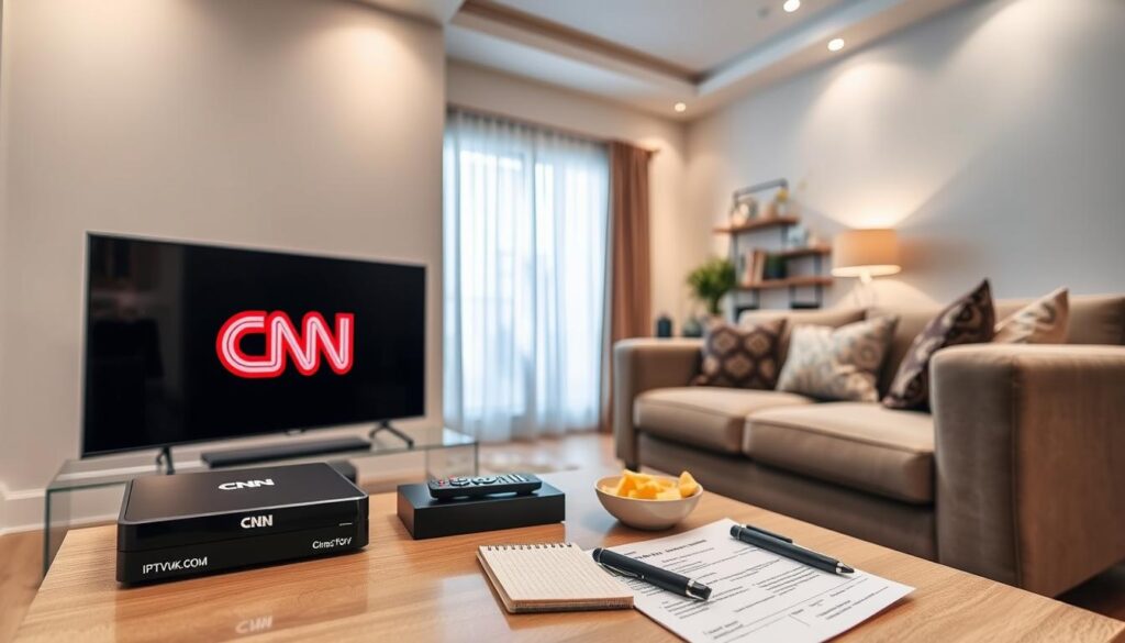 A modern living room setup showcasing an IPTV system for streaming CNN live without cable TV. In the foreground, a sleek, large flat-screen television displays the CNN logo. Next to it, a stylish IPTV device from "IPTVVUK.COM" with distinctive branding. A cozy sofa is positioned for comfortable viewing, featuring neutral tones and decorative cushions. In the middle ground, a coffee table holds a remote control, snacks, and a notepad with a step-by-step guide. The background reveals a well-lit room with soft, ambient lighting that creates a welcoming atmosphere. The scene is shot from a slightly elevated angle to capture the entire setup, emphasizing a modern, tech-savvy lifestyle, inviting viewers to explore their IPTV options for watching CNN.