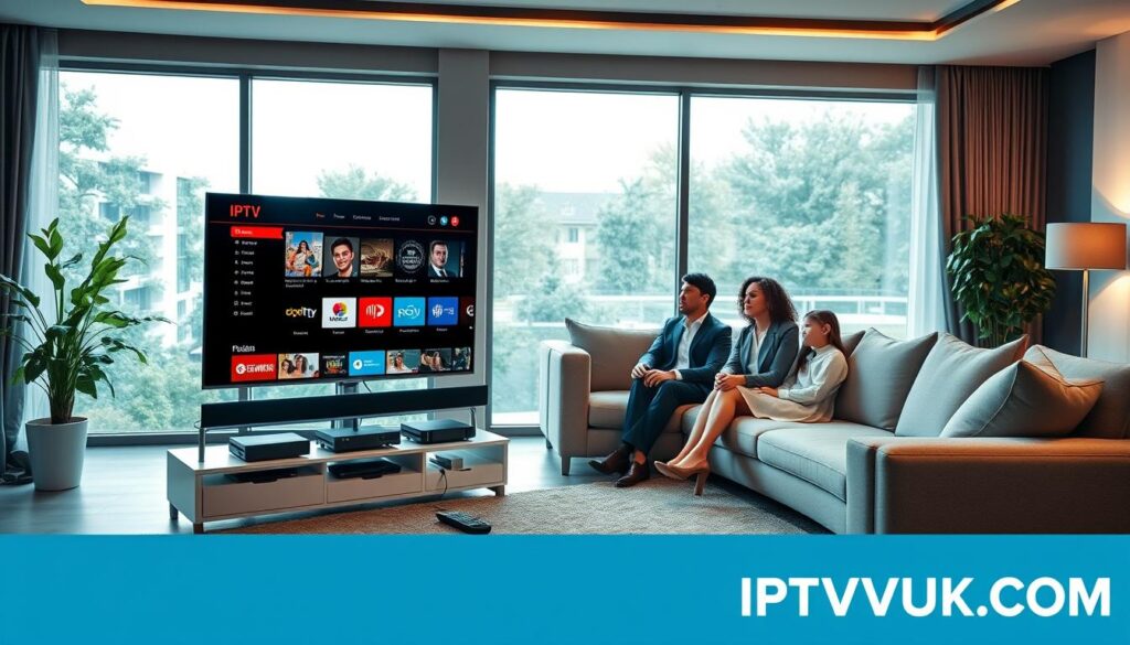 A modern living room setup showcasing the benefits of IPTV. In the foreground, a sleek, large-screen TV displays an IPTV interface featuring a variety of streaming options and on-demand content. Below the TV, a stylish media console holds various electronic devices, with a remote control visible, emphasizing ease of use. The middle ground includes a comfortable sofa with a family gathering enjoying the IPTV experience, all dressed in professional business attire. In the background, large windows allow natural light to pour in, creating a warm and inviting atmosphere. Soft, ambient lighting highlights the cozy space while maintaining a professional tone. The overall mood evokes a sense of connectivity and simplicity in entertainment, with the brand name "IPTVVUK.COM" subtly integrated into the design.