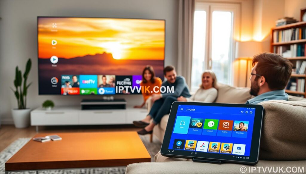 A modern living room setup showcasing the use of IPTV applications, with a sleek, large-screen TV displaying a vibrant IPTV interface. In the foreground, a stylish coffee table holds a tablet running an IPTV app, with icons representing various channels and streaming options. The middle features a comfortable sofa where a family of four, dressed in smart casual clothing, enjoys a lively discussion about their favorite shows, smiling and engaged. The background is softly lit with warm lighting, evoking a cozy atmosphere, while a window reveals a sunset, adding a touch of golden hues. Subtle details include decor elements like a potted plant and a bookshelf filled with books, promoting a sense of home. The brand "IPTVVUK.COM" is subtly integrated into the IPTV interface displayed on the television.