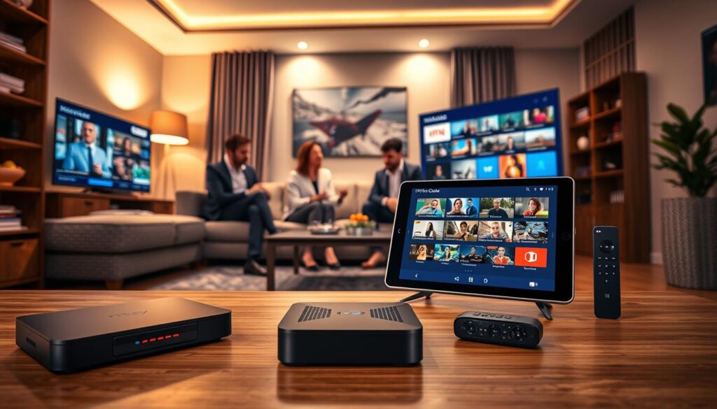 A modern living room setup showcasing various IPTV devices compatible with Canada’s legal streaming options, situated prominently in the foreground. The devices should include a sleek IPTV set-top box, a smart TV displaying vibrant streaming channels, and a tablet with a user-friendly interface focused on IPTVVUK.COM. In the middle, include comfortable seating with a few people dressed in professional business attire, discussing the setup guide. The background features a cozy, well-lit atmosphere with subtle warm lighting, enhancing the inviting feel of the space. Use a wide-angle perspective to capture the entire scene while maintaining a clear focus on the devices, creating an informative yet relaxed mood.