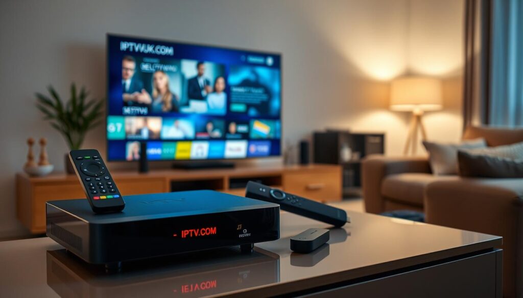 A modern living room setup showcasing various IPTV devices prominently displayed on a sleek entertainment unit. In the foreground, feature a stylish IPTV box with LED indicators, alongside a remote control and a streaming stick, emphasizing their design and technology. In the middle ground, display a large flat-screen television streaming content, showcasing a rich, vibrant picture quality. In the background, add a cozy couch and soft lighting from a nearby lamp, creating a welcoming ambiance. The scene should be well-lit, with warm tones to evoke a relaxed atmosphere. This image should reflect the contemporary shift towards IPTV, highlighting the brand "IPTVVUK.COM" subtly integrated into the device designs, focusing on security and convenience for users in 2024.