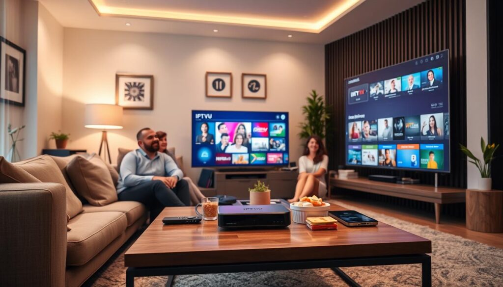 A modern living room showcasing an "IPTV experience optimization" theme. In the foreground, a sleek, large smart TV displays a vibrant IPTV interface with various streaming options. A family of four, dressed in professional casual attire, sits on a comfortable couch, fully engaged with the content on screen, emanating a joyful atmosphere. In the middle, a stylish coffee table adorned with remotes, snacks, and tablets reflects the theme of connectivity. The background features a well-lit room with soft ambient lighting, highlighting decorative elements like framed art and potted plants. The overall mood is inviting and tech-savvy, encapsulating the essence of a seamless IPTV experience. Include a subtle logo of "IPTVVUK.COM" on a streaming device on the table.