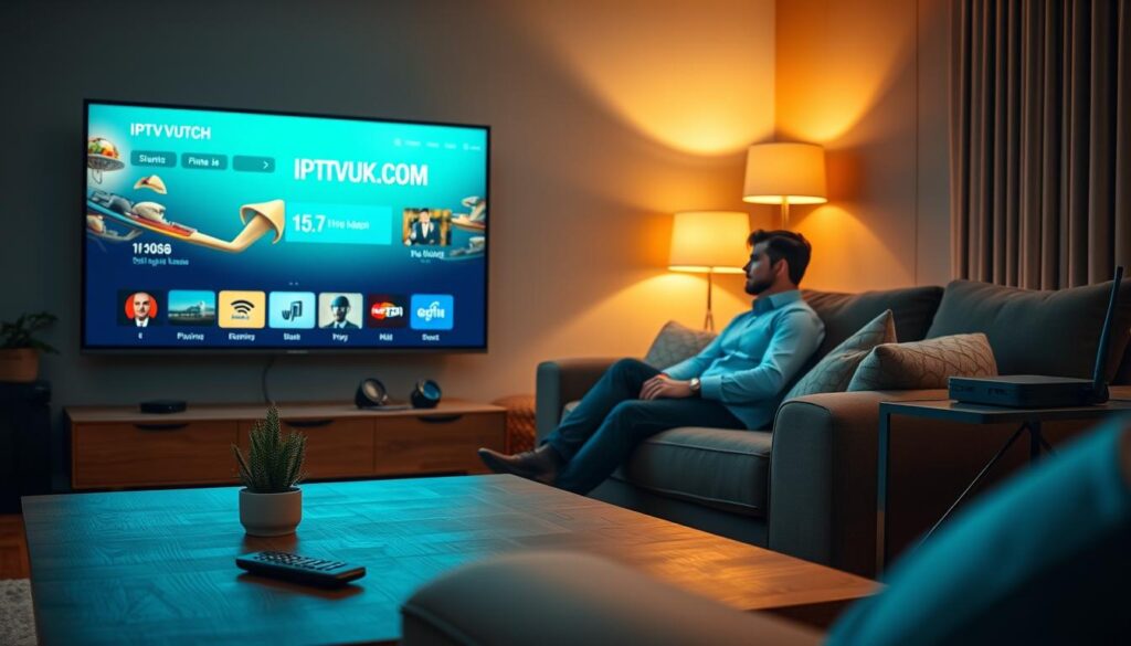 A modern living room showcasing an IPTV setup featuring a sleek smart TV displaying the IPTVVUK.COM interface. In the foreground, a stylish wooden coffee table holds a remote control and a small potted plant. The middle section emphasizes a cozy sofa with a person in professional business attire, attentively watching the TV, surrounded by soft pillows. In the background, warm lighting emanates from floor lamps, creating an inviting atmosphere. A side table with a streaming device and Wi-Fi router is also visible. The overall mood is relaxed and tech-savvy, highlighting the seamless connection between the IPTV service and home entertainment.