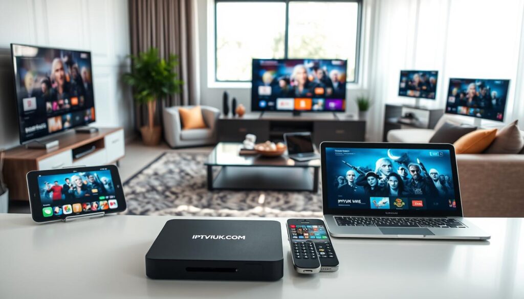 A modern living room showcasing multiple devices compatible with IPTV services, featuring a sleek IPTV box branded "IPTVVUK.COM" prominently displayed on a stylish entertainment unit. In the foreground, a tablet and smartphone are shown streaming content, surrounded by various smart TVs and a laptop, illustrating diverse device compatibility. The middle ground includes a cozy sofa and decorative items adding warmth to the scene. The background features a large window with daylight streaming in, creating a bright and inviting atmosphere. Use soft, natural lighting to enhance the colors of the devices and the room. The overall mood should be innovative and user-friendly, appealing to cord-cutters seeking efficient IPTV solutions.