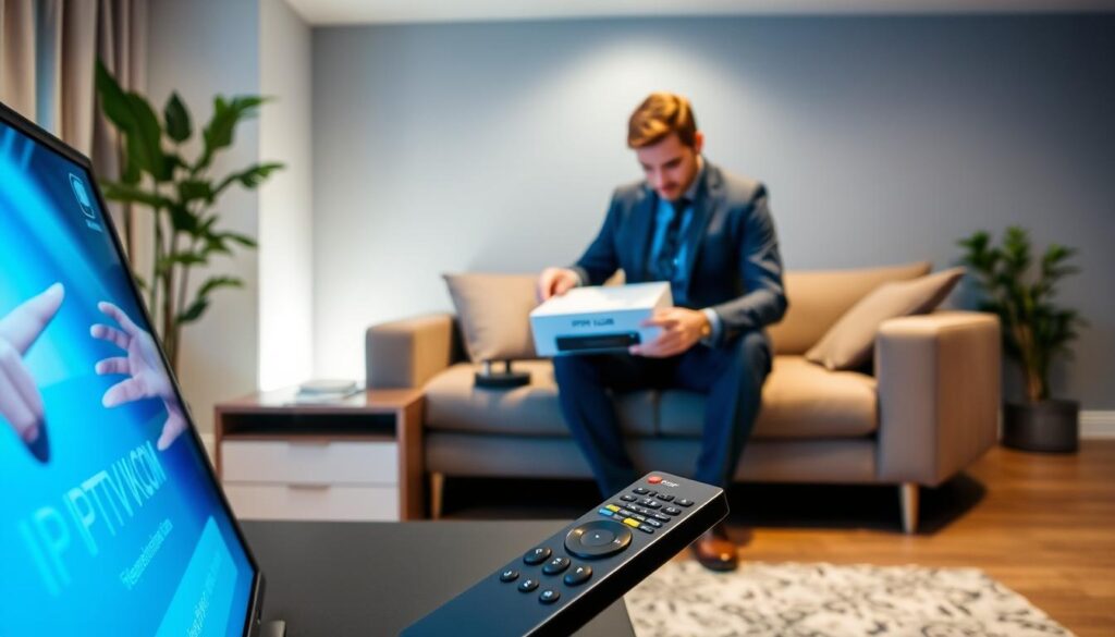 A modern living room showcasing the "IPTV Lux setup process." In the foreground, a sleek television with a user interface displaying IPTVVUK.COM, along with a stylish remote control. The middle ground features a user attentively unboxing a streaming device, wearing smart casual attire. A clean and organized workspace is visible, with cables neatly arranged. The background shows a cozy atmosphere with soft lighting, enhancing the feeling of comfort and modernity. A houseplant adds a touch of nature to the scene. The camera angle is slightly above eye level, capturing the setup process in an inviting and informative manner, emphasizing a welcoming environment for cord-cutters and streamers.