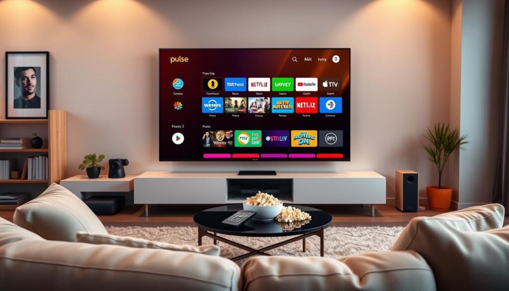 A modern living room showcasing the Pulse 4K IPTV interface on a sleek, large flat-screen TV. In the foreground, a comfortable minimalist couch sets the scene, adorned with soft cushions. The middle features a close-up of the TV screen displaying the vibrant and intuitive IPTV interface with colorful tiles representing various streaming options. The background has subtle warm lighting, creating an inviting ambiance, with a stylish coffee table holding a remote control and popcorn. The view is captured from a low angle, emphasizing the TV and the cozy atmosphere of the room. The overall mood is relaxed and tech-savvy, reflecting a contemporary user experience of IPTVVUK.COM.