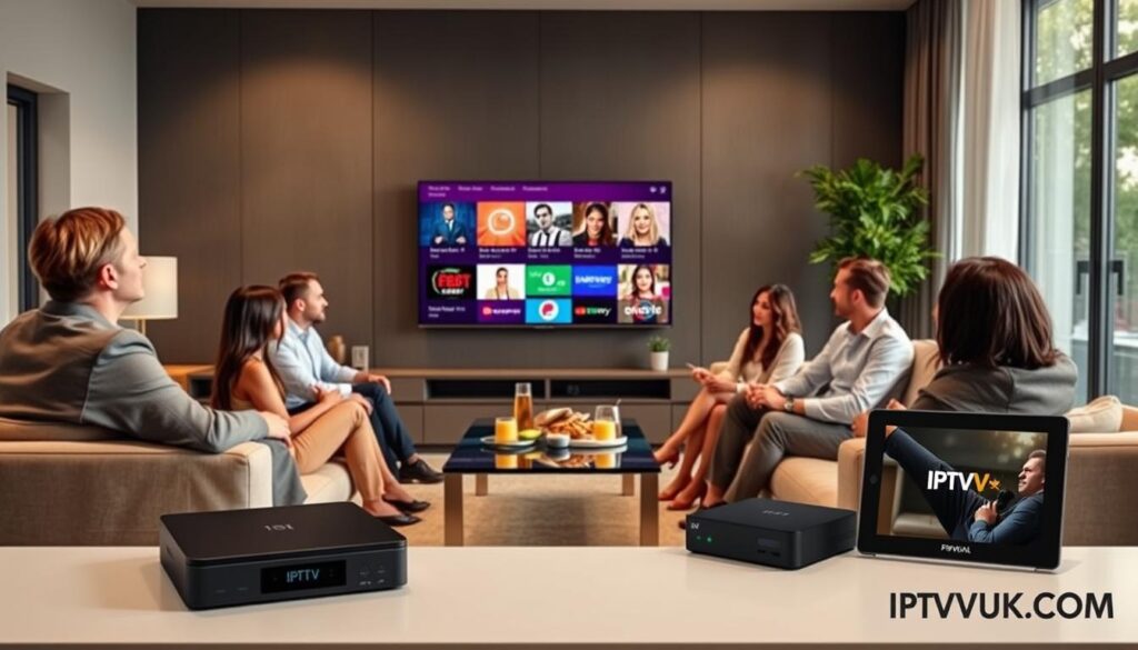 A modern living room showcasing the benefits of IPTV services, featuring a sleek flat-screen TV displaying various streaming options in vibrant colors. In the foreground, a diverse group of people, dressed in professional business attire, sitting comfortably on a stylish sofa, engaged in enjoying high-definition content together. The middle ground emphasizes a coffee table adorned with snacks and drinks, symbolizing a social experience. The background reveals large windows with soft, natural light streaming in, creating a warm and inviting atmosphere. A few IPTV devices, like a set-top box and a tablet with IPTVVUK.COM logo, enhance the theme of legal streaming options. The overall mood is cozy and dynamic, illustrating the enjoyment and convenience of IPTV services.