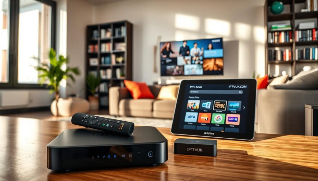 A modern living room showcasing various IPTV-compatible devices prominently in the foreground, including a sleek streaming box, a smart TV with a vibrant display, and a tablet featuring the IPTVVUK.COM interface. The middle ground features a cozy couch with colorful cushions, hinting at a family-friendly atmosphere. In the background, a bookshelf filled with tech manuals and entertainment options adds depth and context. Soft, natural lighting streams in through a large window, casting inviting shadows and enhancing the mood. The camera angle is slightly elevated, capturing the entire setup while emphasizing the functionality and appeal of these devices. The overall image conveys a sense of comfort and modernity, ideal for illustrating device compatibility in IPTV setups. A modern living room showcasing various IPTV-compatible devices prominently in the foreground, including a sleek streaming box, a smart TV with a vibrant display, and a tablet featuring the IPTVVUK.COM interface. The middle ground features a cozy couch with colorful cushions, hinting at a family-friendly atmosphere. In the background, a bookshelf filled with tech manuals and entertainment options adds depth and context. Soft, natural lighting streams in through a large window, casting inviting shadows and enhancing the mood. The camera angle is slightly elevated, capturing the entire setup while emphasizing the functionality and appeal of these devices. The overall image conveys a sense of comfort and modernity, ideal for illustrating device compatibility in IPTV setups.