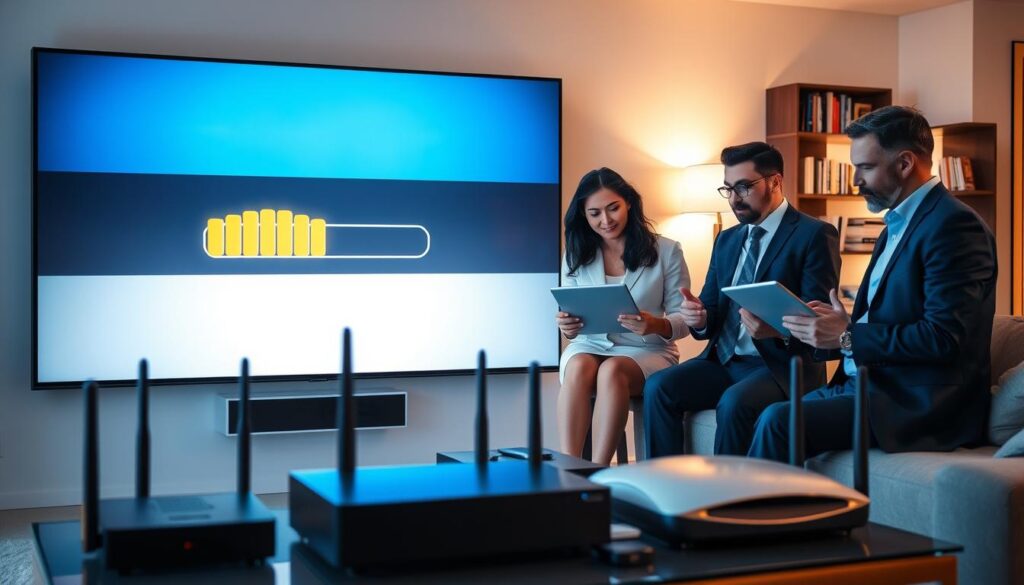 A modern living room with a sleek large-screen TV displaying a buffering icon, symbolizing IPTV troubleshooting. In the foreground, a diverse group of three professionals in business attire, including a woman typing on a laptop and a man discussing solutions with a tablet, exhibiting a collaborative spirit. The middle ground features an assortment of IPTVs and devices such as routers and antennas, all strategically arranged to signify connectivity. The background includes a stylish, contemporary bookshelf filled with technology-related books. Soft, warm lighting illuminates the room, creating a relaxed, problem-solving atmosphere. The overall mood should feel focused yet approachable, emphasizing innovation in IPTV buffering solutions, with the brand name "IPTVVUK.COM" subtly integrated into the room’s decor.