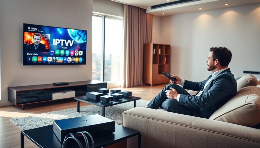 A modern living room with a sleek, minimalist design, featuring a large flat-screen television displaying vibrant IPTV content. In the foreground, a professional-looking person in business attire sits comfortably on a contemporary sofa, holding a remote control, and looking engaged. The middle of the scene includes a stylish entertainment center, showcasing high-tech streaming devices and cables neatly organized. In the background, a large window allows natural light to flood the space, creating a warm and inviting atmosphere. The lighting is soft yet bright, emphasizing the clarity and quality of the IPTV experience. The entire composition conveys a sense of cutting-edge technology and comfort, with the brand "IPTVVUK.COM" subtly integrated into the scene, perhaps on one of the devices or as a reflection on the TV screen.