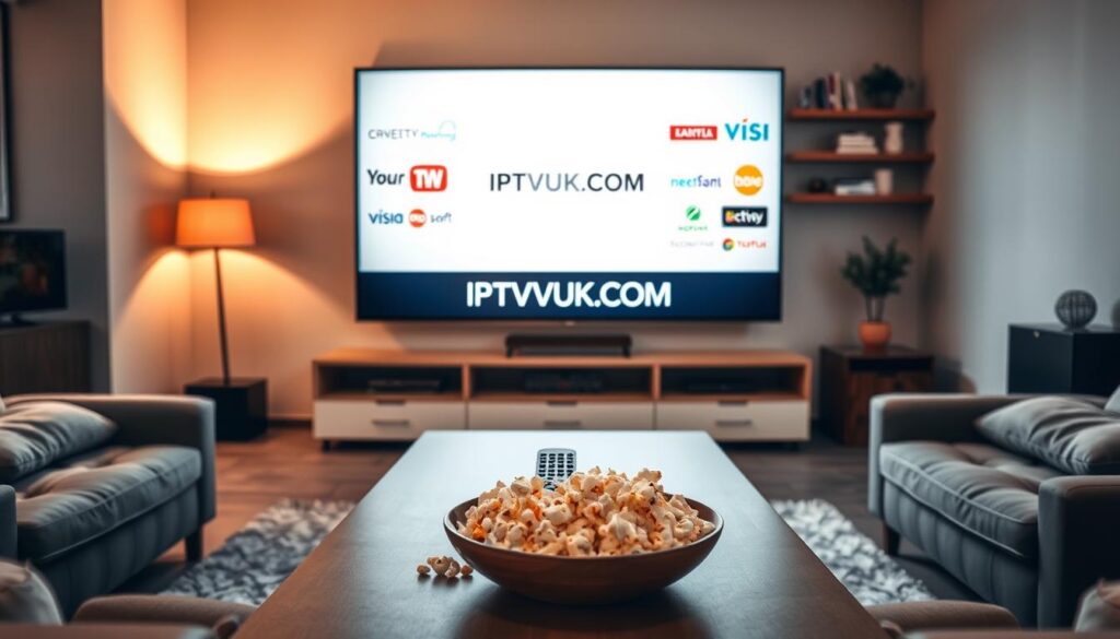 A modern living room with a stylish couch and a large flat-screen TV displaying various IPTV service logos, focusing on "IPTVVUK.COM". In the foreground, a sleek coffee table holds a remote control and a bowl of popcorn, suggesting a cozy viewing experience. In the middle, a prominent window allows natural light to pour in, illuminating the space with a warm glow. The background features subtle decorations like shelves with books and plants, enhancing the inviting atmosphere. The scene conveys a sense of comfort and the joy of safe streaming options, captured in soft, warm lighting to create an inviting mood. The composition is photographed at eye level with a slight depth of field to emphasize the IPTV services while keeping the surrounding environment in soft focus. A modern living room with a stylish couch and a large flat-screen TV displaying various IPTV service logos, focusing on "IPTVVUK.COM". In the foreground, a sleek coffee table holds a remote control and a bowl of popcorn, suggesting a cozy viewing experience. In the middle, a prominent window allows natural light to pour in, illuminating the space with a warm glow. The background features subtle decorations like shelves with books and plants, enhancing the inviting atmosphere. The scene conveys a sense of comfort and the joy of safe streaming options, captured in soft, warm lighting to create an inviting mood. The composition is photographed at eye level with a slight depth of field to emphasize the IPTV services while keeping the surrounding environment in soft focus.