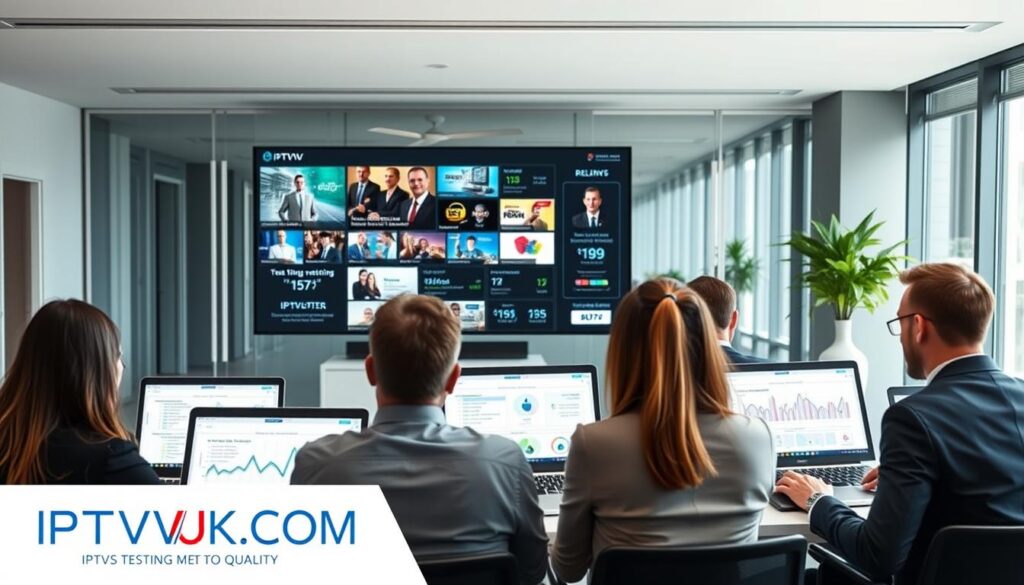 A modern office environment depicting an IPTV testing methodology scene. In the foreground, a diverse group of professionals in business attire analyze data on sleek laptops, showcasing technical graphs and charts on their screens. In the middle ground, a large screen displays various IPTV service interfaces, with visual elements highlighting testing metrics and performance indicators. The background features a clean, well-lit workspace with large windows, allowing natural light to fill the room and casting soft shadows. The atmosphere is focused and collaborative, emphasizing technology and innovation. The design integrates elements of the brand "IPTVVUK.COM", reinforcing its commitment to quality. The image should convey a sense of expertise and professionalism in IPTV service evaluation, without any text or logos visibly displayed. A modern office environment depicting an IPTV testing methodology scene. In the foreground, a diverse group of professionals in business attire analyze data on sleek laptops, showcasing technical graphs and charts on their screens. In the middle ground, a large screen displays various IPTV service interfaces, with visual elements highlighting testing metrics and performance indicators. The background features a clean, well-lit workspace with large windows, allowing natural light to fill the room and casting soft shadows. The atmosphere is focused and collaborative, emphasizing technology and innovation. The design integrates elements of the brand "IPTVVUK.COM", reinforcing its commitment to quality. The image should convey a sense of expertise and professionalism in IPTV service evaluation, without any text or logos visibly displayed.