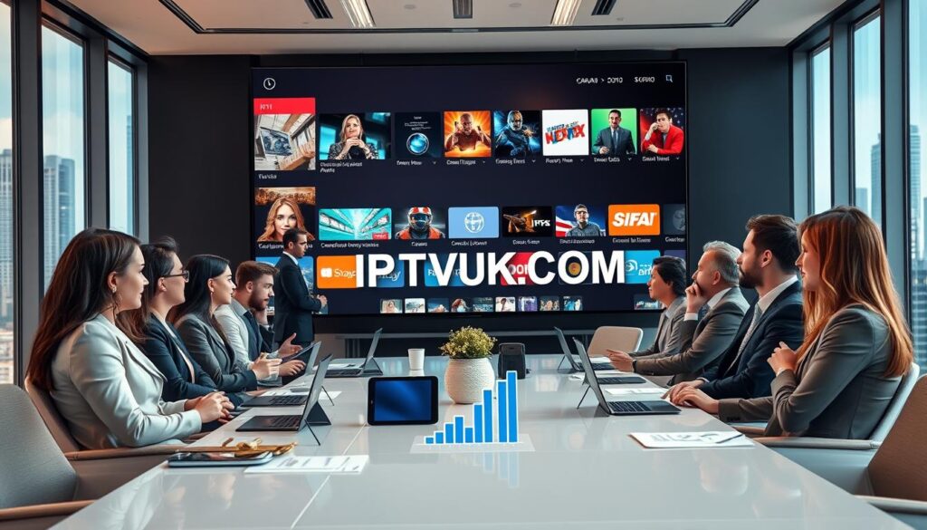 A modern office environment featuring a large screen displaying vibrant IPTV streaming options. In the foreground, a diverse group of professional individuals in business attire discuss IPTV services, showcasing an array of devices such as tablets and smart TVs. The middle ground highlights an elegant conference table with digital devices and graphs illustrating IPTV growth. In the background, city skyscrapers are visible through a large window, suggesting a metropolitan setting in Canada. Bright, natural lighting floods the room, creating an inviting atmosphere. The mood is collaborative and informative, emphasizing the legitimacy of IPTV services. Include the brand name "IPTVVUK.COM" clearly on the screen interface, ensuring a professional presentation with no text overlays.